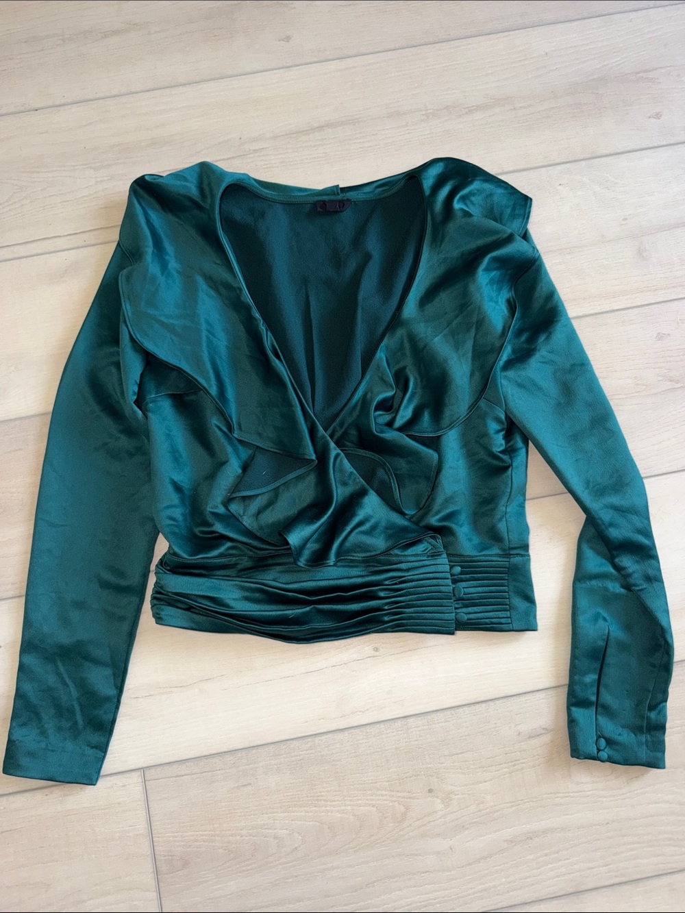 NBD Emerald Green Satin Ruffle Wrap Blouse Long Sleeve Top Romantic Medium